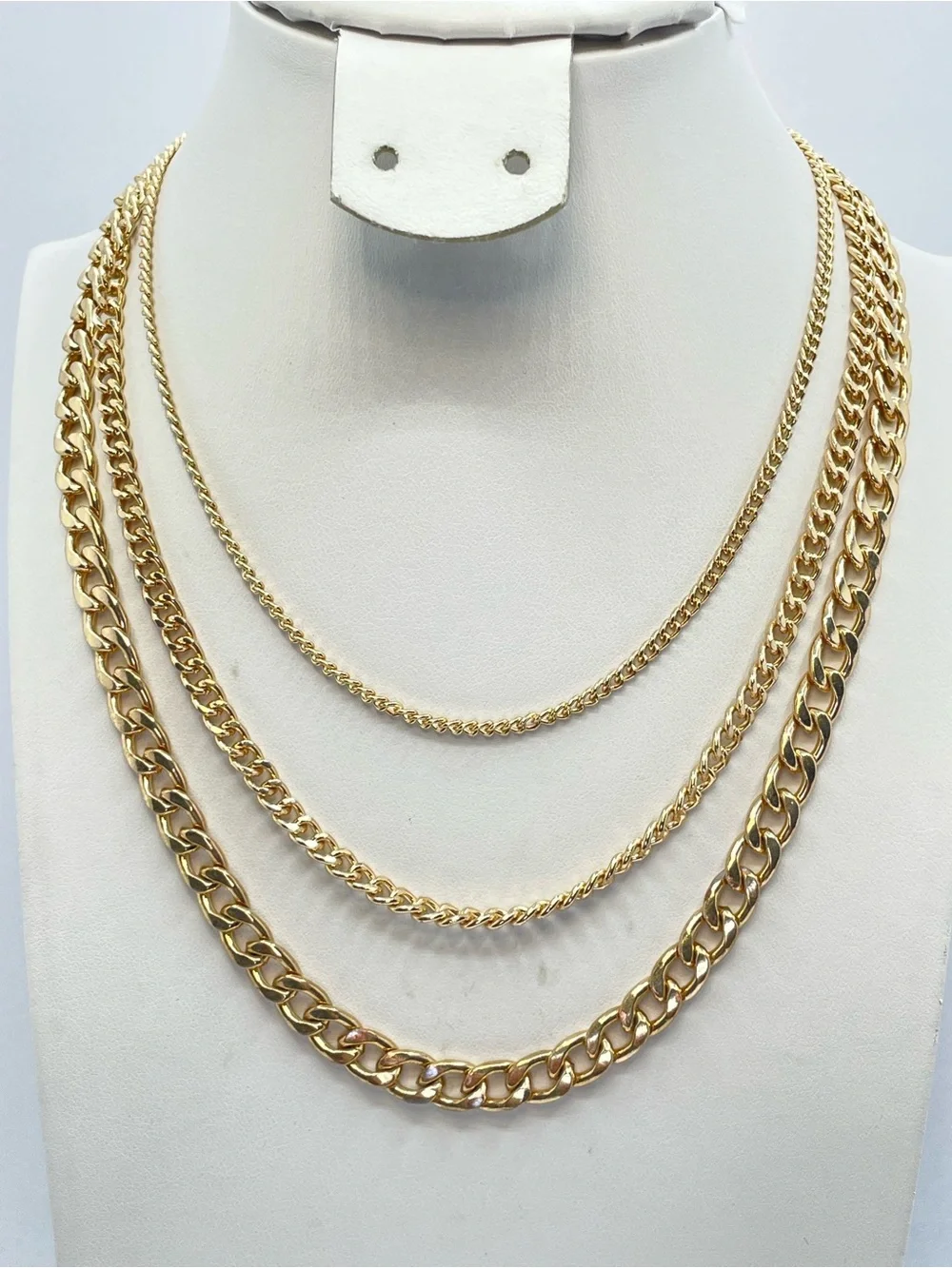 Gold Tone Layered Multi Chain Necklace 3 Strand Chunky Statement Modern